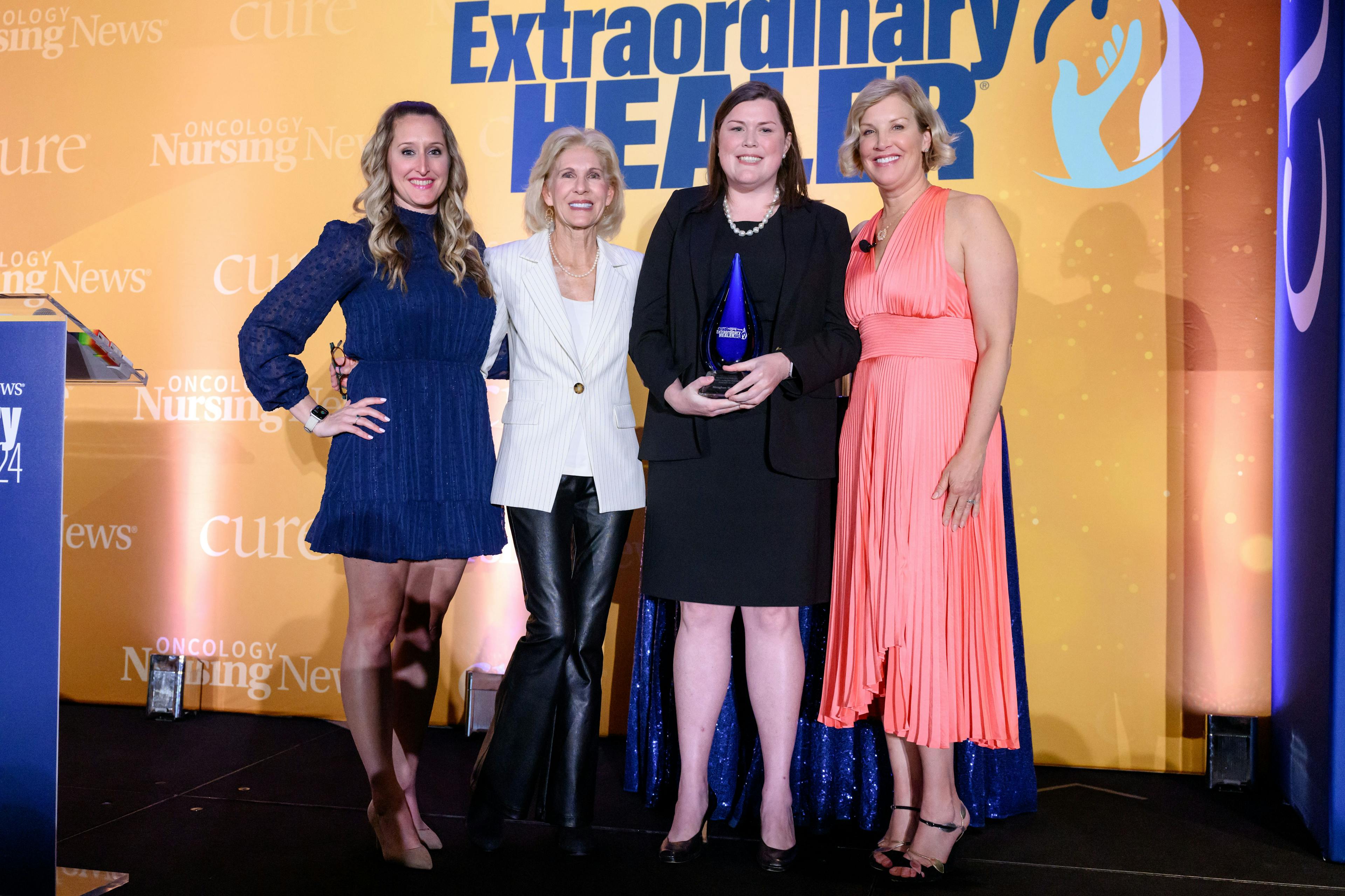 Meaghan Mooney, B.S.N, RN, OCN won the 2024 Extraordinary Healer Award.   From left: Kristie L. Kahl, Meredith Cooper, Meaghan Mooney, B.S.N, RN, OCN, Kristen Dahlgren