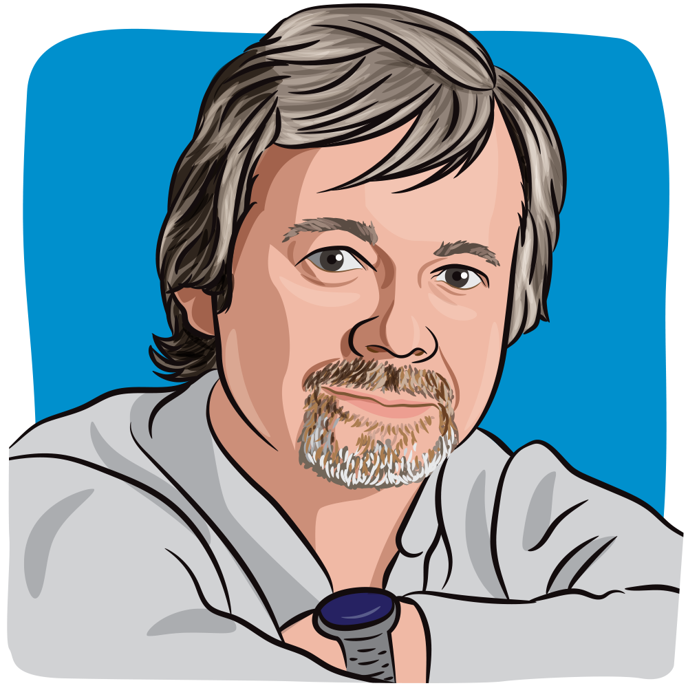 Illustration of a man with short gray hair and a gray zip-up hoodie.