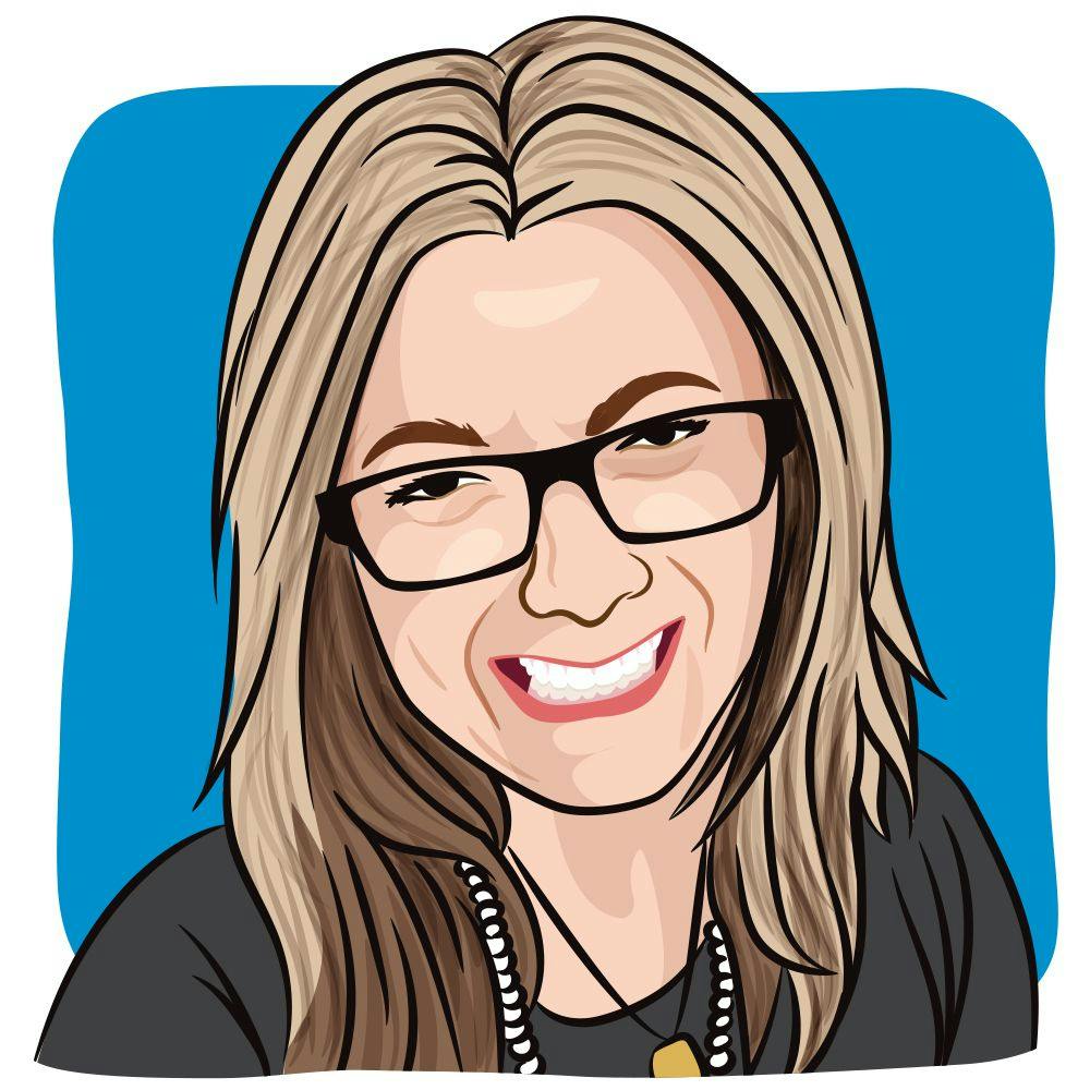 Illustration of a woman with straight blonde hair and glasses.