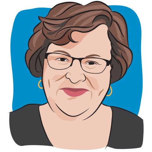 Illustration of a woman with short brown hair and rectangular glasses.