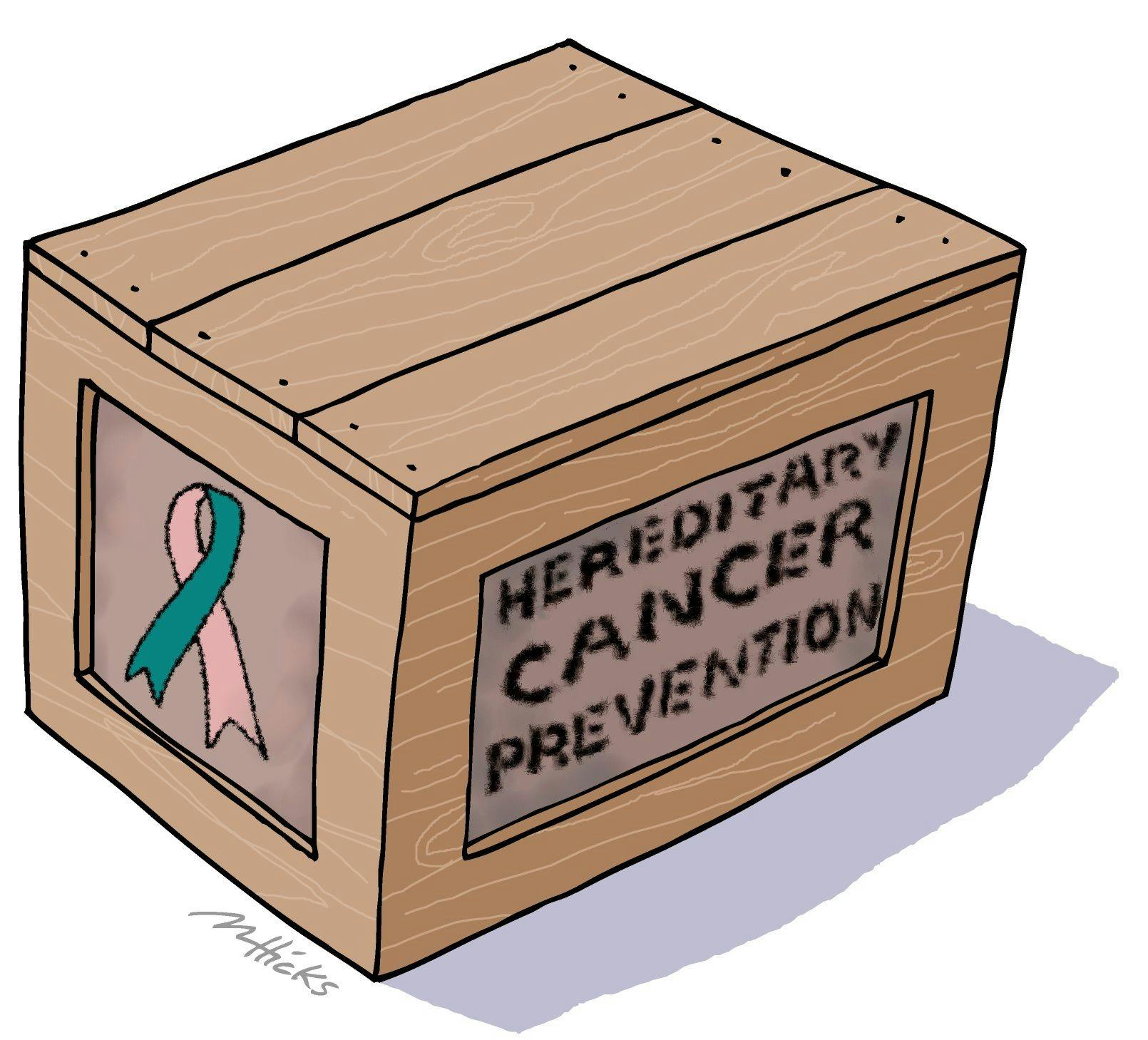 Drawing of a box with a cancer ribbon on one side and "hereditary cancer prevention" written on the other