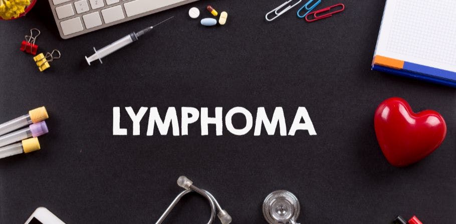 Image of the word 'lymphoma' with medical items next to it.