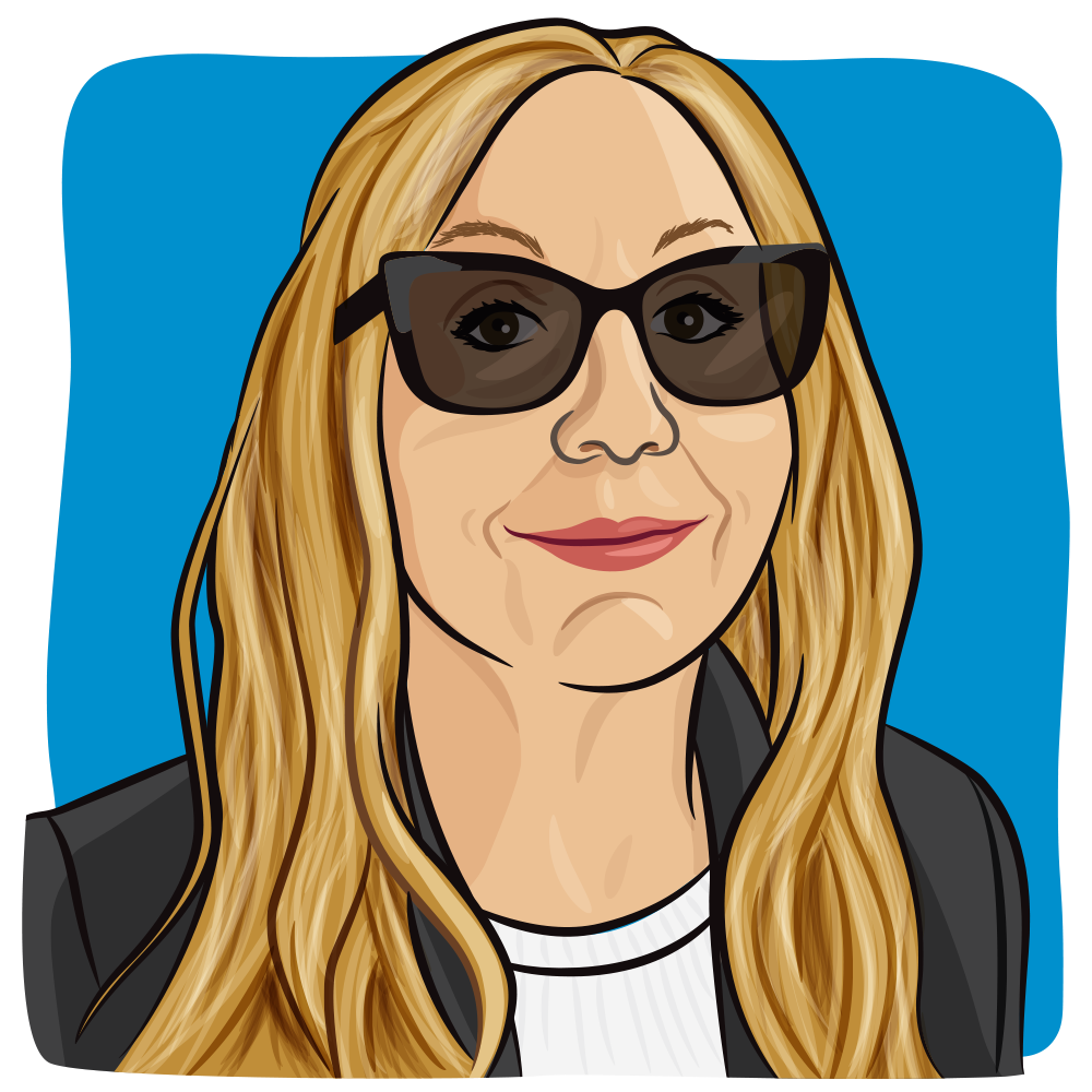 cartoon drawing of blogger and AML survivor, Mary Sansone: a white woman with blonde hair and sunglasses