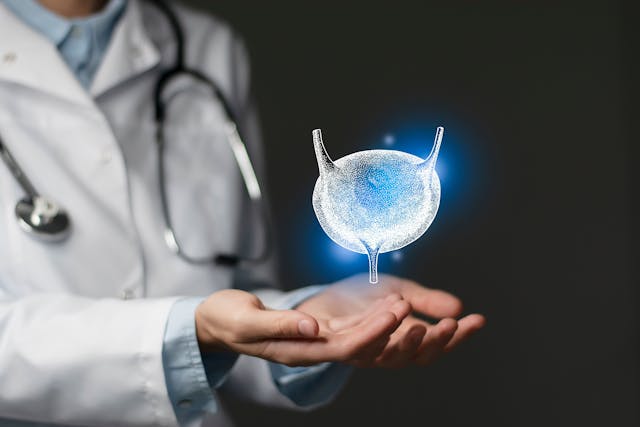Image of a doctor holding an image of a bladder.