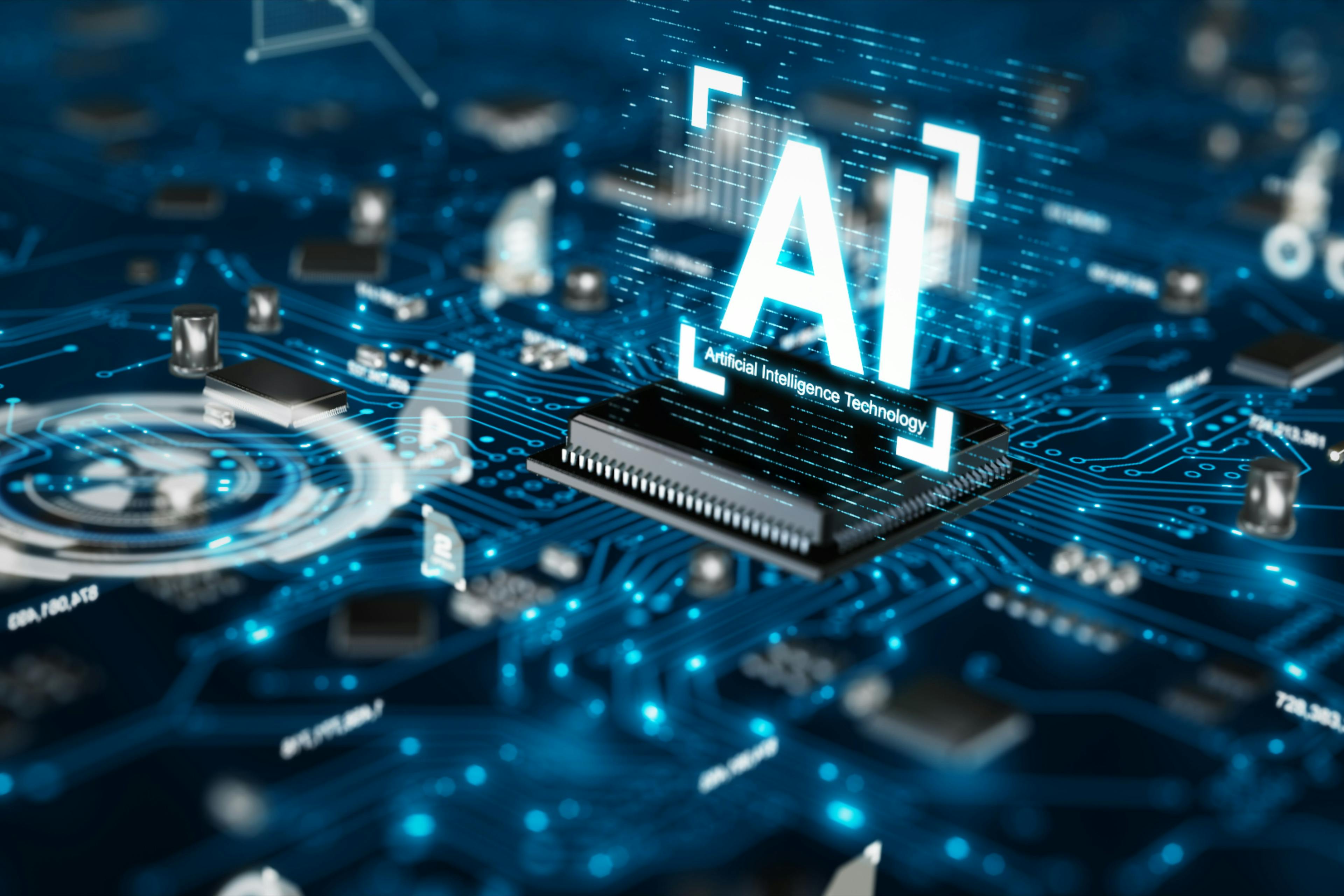 Image of a circuit board with the words "AI; Artificial Intelligence Technology" on it. 