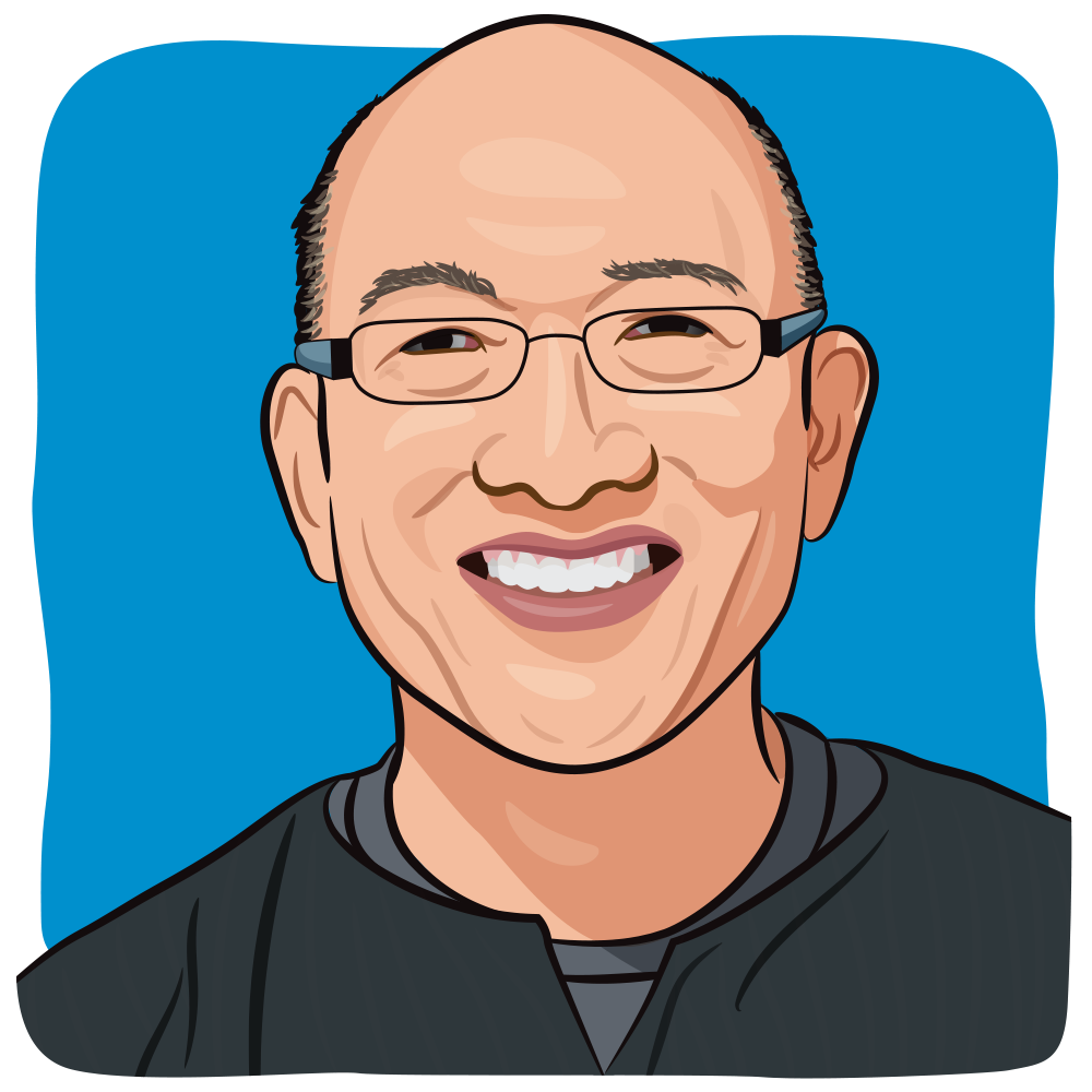 Illustration of a man with hair on the sides, rectangular glasses, smiling with teeth.