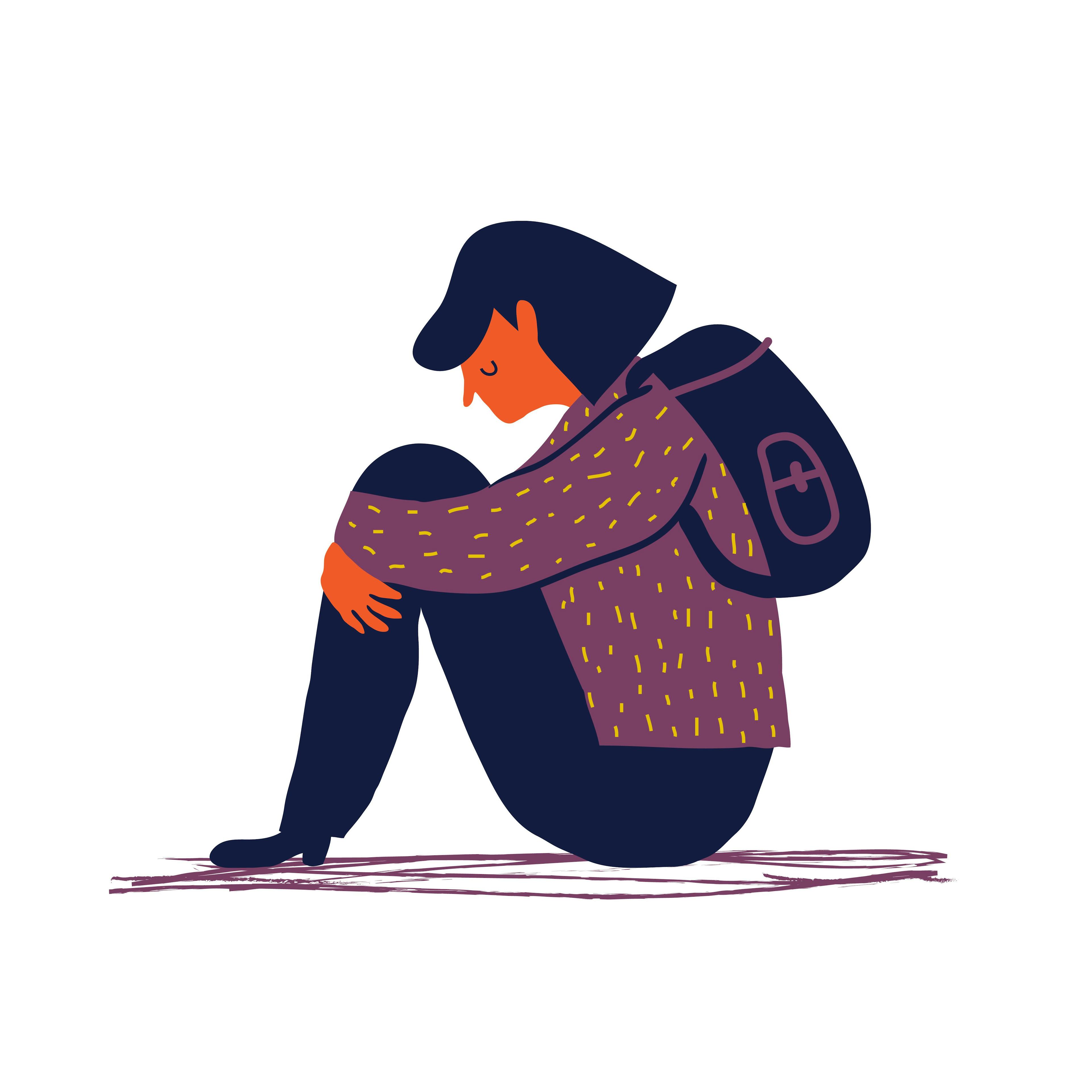 Illustration of a girl with a backpack, sad with her knees to her chest.