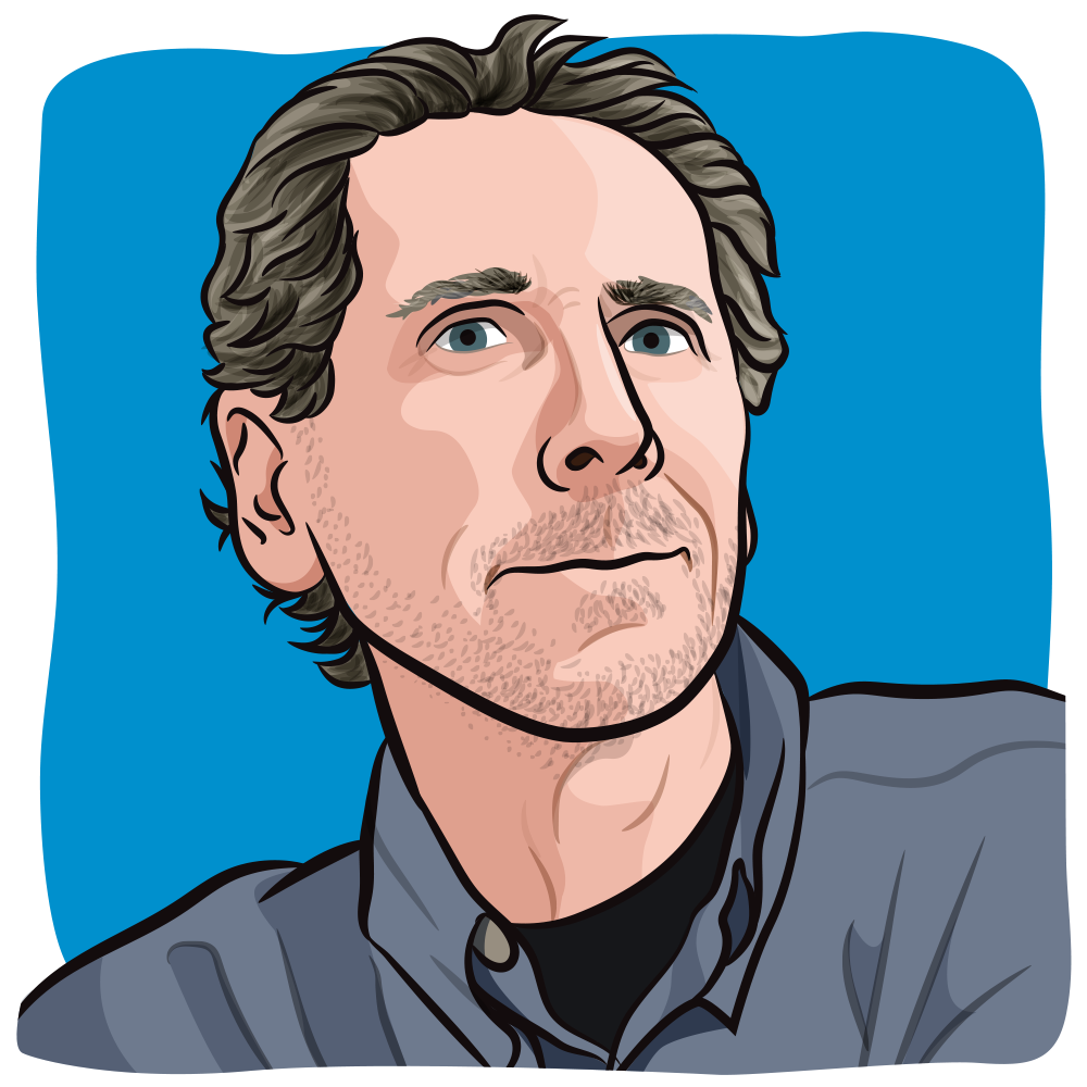 Illustration of a man with wavy dark hair and a gray button-up shirt.