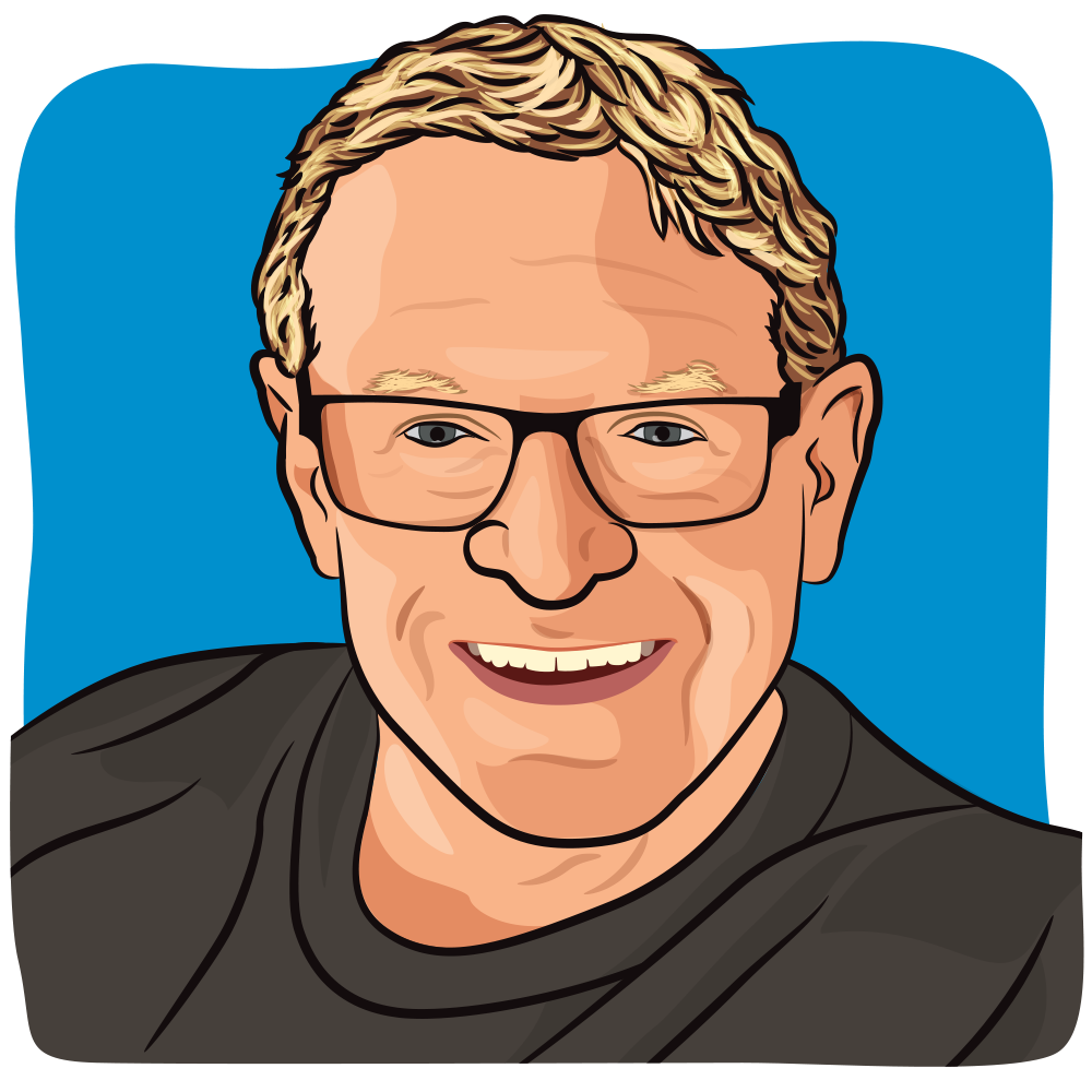 Illustration of a man with blond hair and dark rectangular glasses.