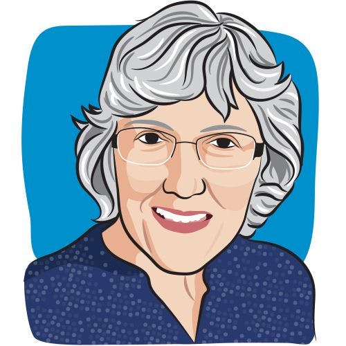 Illustration of a woman with short gray hair and glasses.