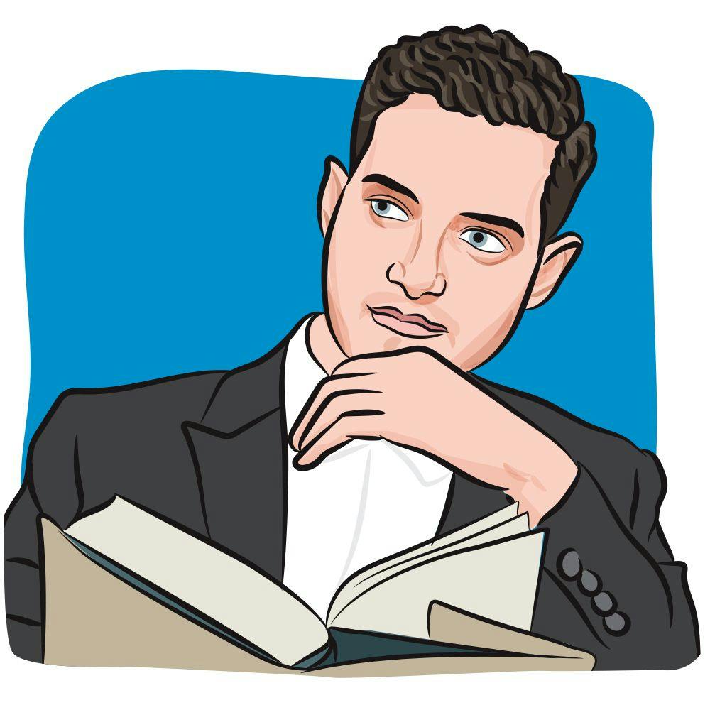 Illustration of a man with brown curly hair wearing a gray suit and thoughtfully reading a book.