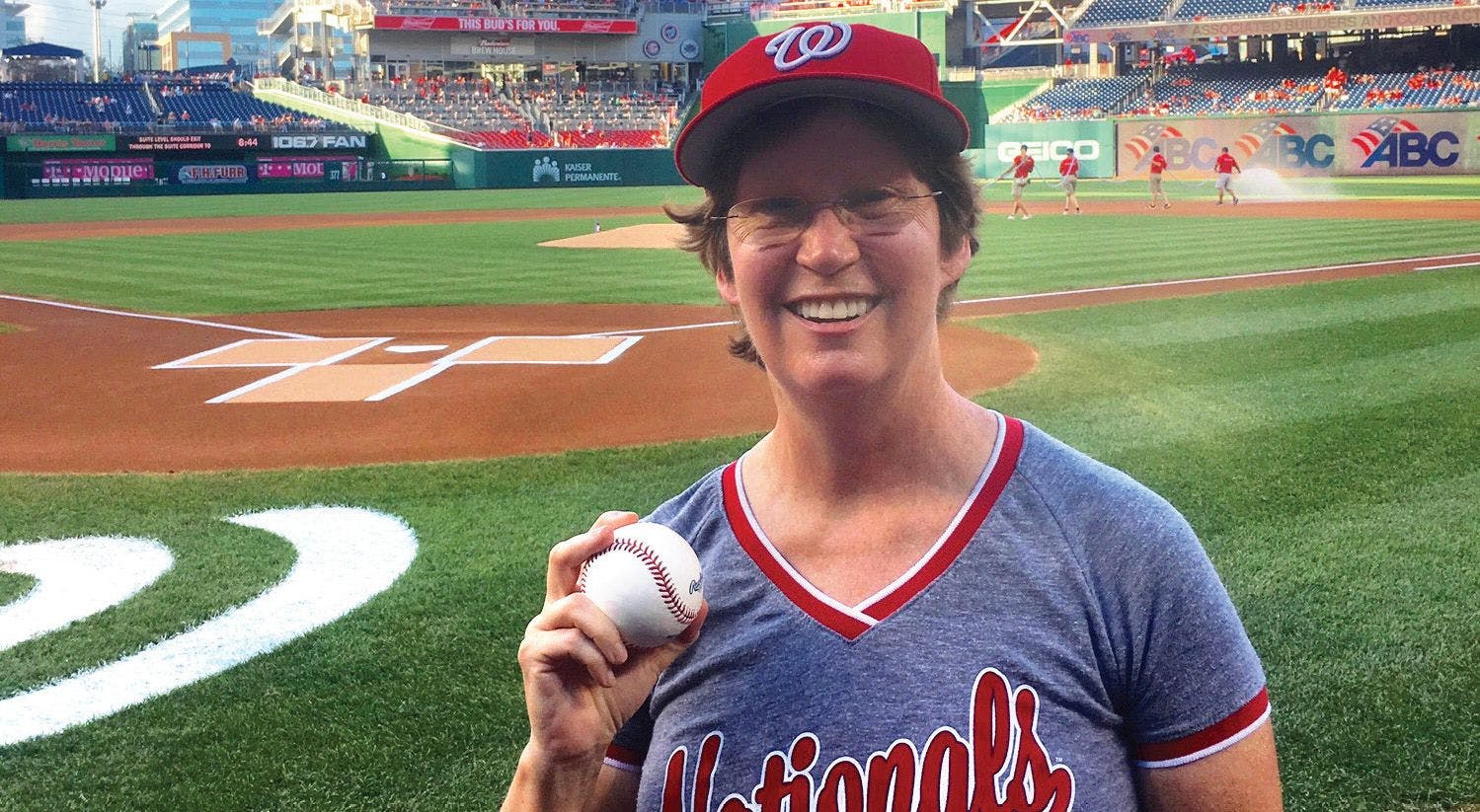 KAREN LOSS threw the
first pitch at the Washington
Nationals game in August to
raise lung cancer awareness. - COURTESY KAREN LOSS / THE WASHINGTON NATIONALS