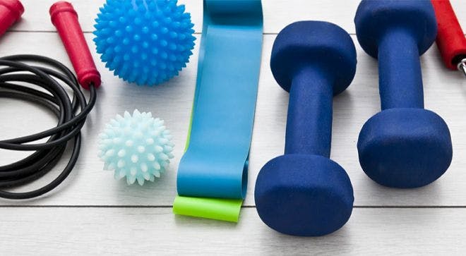 exercise bands and dumbbells