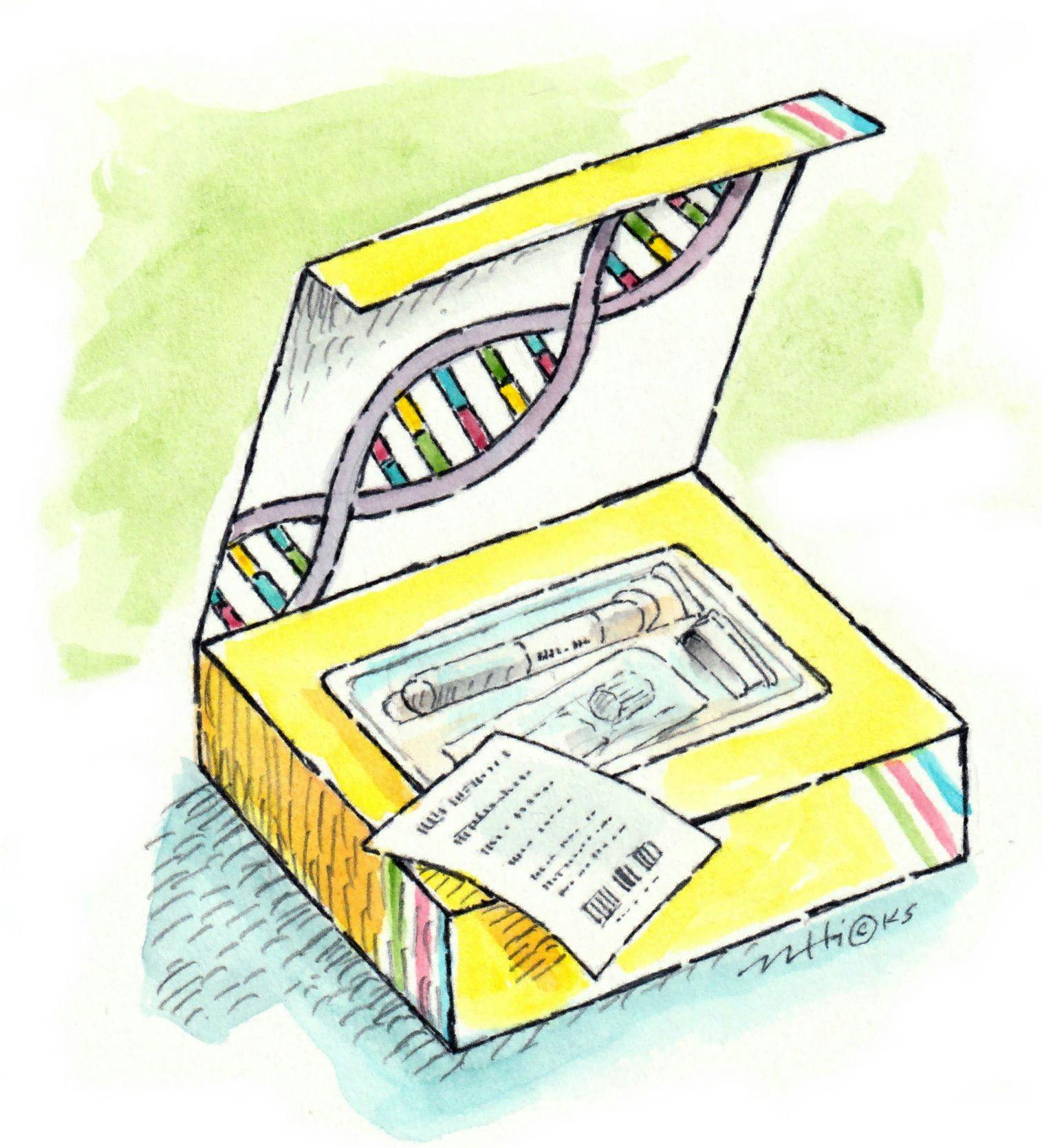 cartoon drawing of genetic testing kit by Mark Hicks