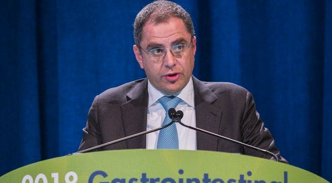 GHASSAN K. ABOU-ALFA, M.D., reports
on findings from the CELESTIAL trial. - PHOTO BY ASCO/TODD BUCHANAN 2018