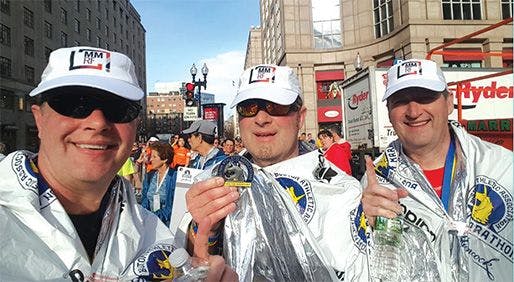 ‘Dream Come True’: Multiple myeloma survivor Jeff Goad (middle)
and brothers, David and Brad, ran the Boston Marathon to raise money
and awareness. - TOP: GLOWONCONCEPT / FOTOLIA; GOAD BROTHERS: COURTESY JEFF GOAD