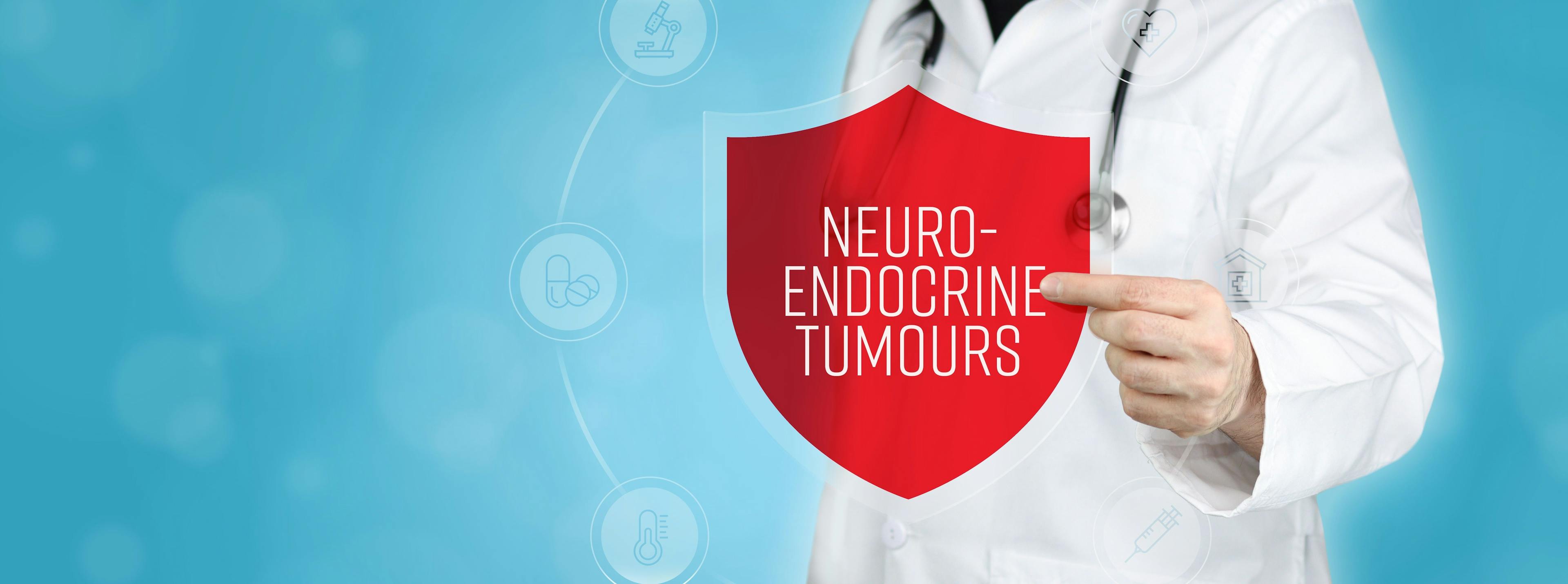 Neuroendocrine tumours. Doctor holding red shield protection symbol surrounded by icons in a circle. Medical word | Image credit: © MQ-Illustrations - © stock.adobe.com 