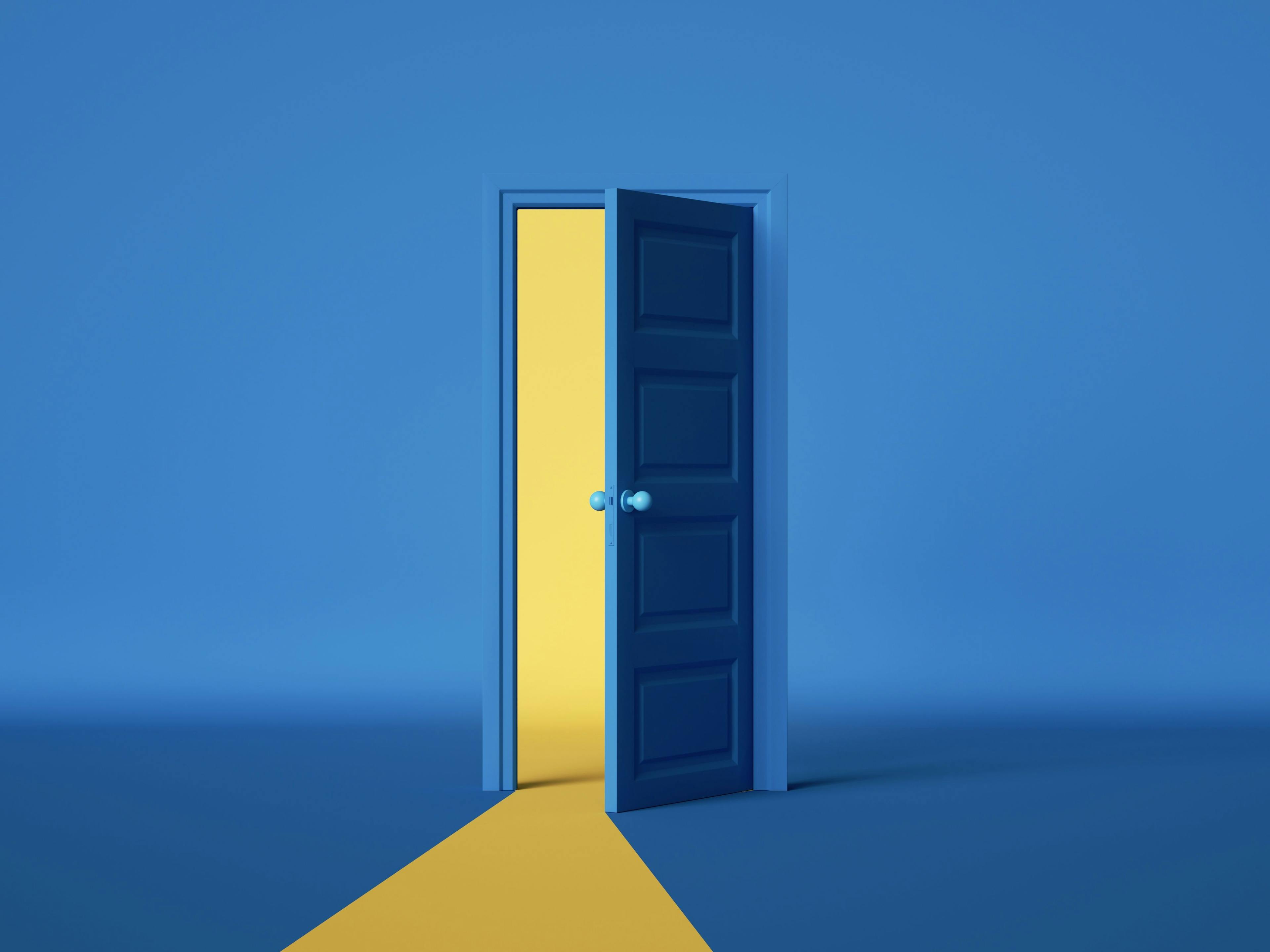 3d render, yellow light going through the open door isolated on blue background. Architectural design element. Modern minimal concept. Opportunity metaphor.  | Image credit: © NeoLeo - © stock.adobe.com