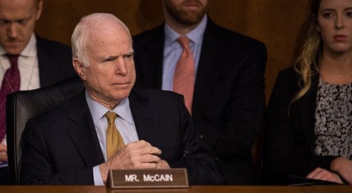 Sen. John McCain (R-AZ), listened as former FBI Director James Comey testified in front of the Senate Intelligence Committee, on his past relationship with President Donald Trump, and his role in the Russian interference investigation, in the Senate Hart building on Capitol Hill, on Thursday, June 8, 2017. (Photo by Cheriss May) (Photo by Cheriss May/NurPhoto via Getty Images)