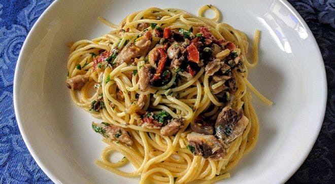 Cooking with CURE: Pasta with Sardines, Capers, and Sundried Tomatoes Recipe