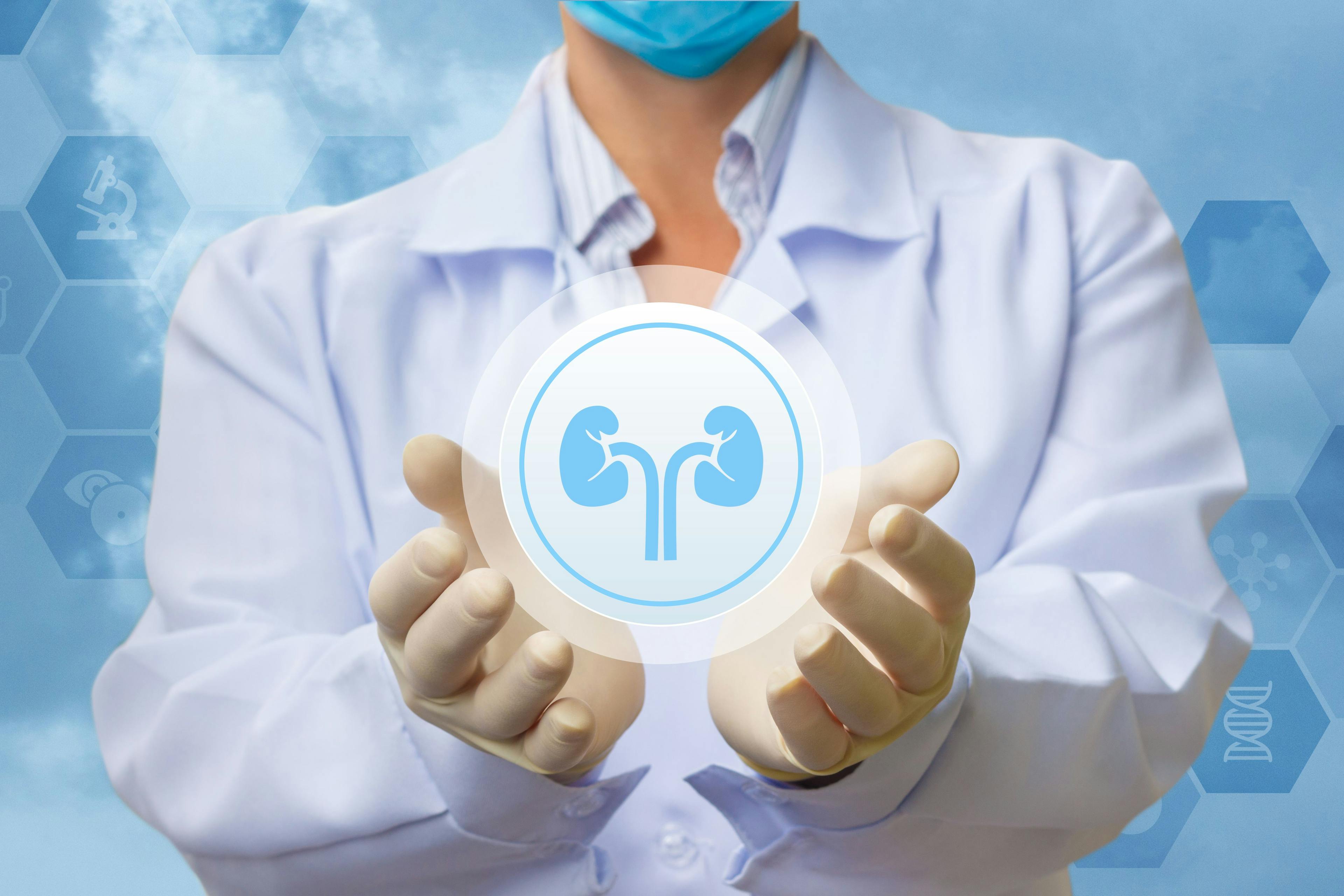 doctor in white coat with hands upturned and a digital image of a kidney floating above hands