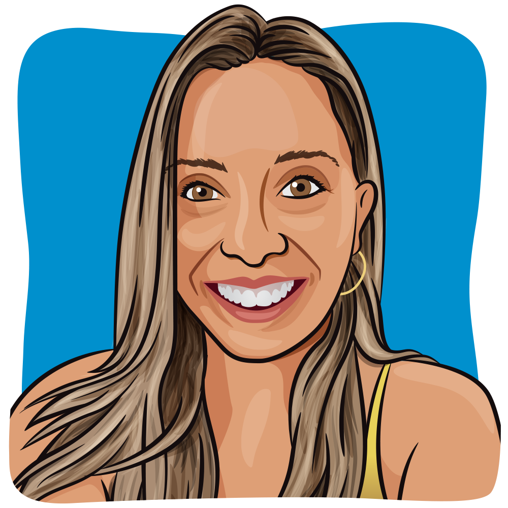 Illustration of a woman with long and straight light brown hair, light brown eyes with a bright smile.