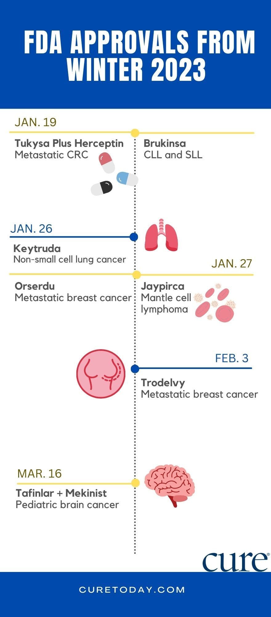 Timeline outlining 7 oncology FDA approvals from the winter of 2023 