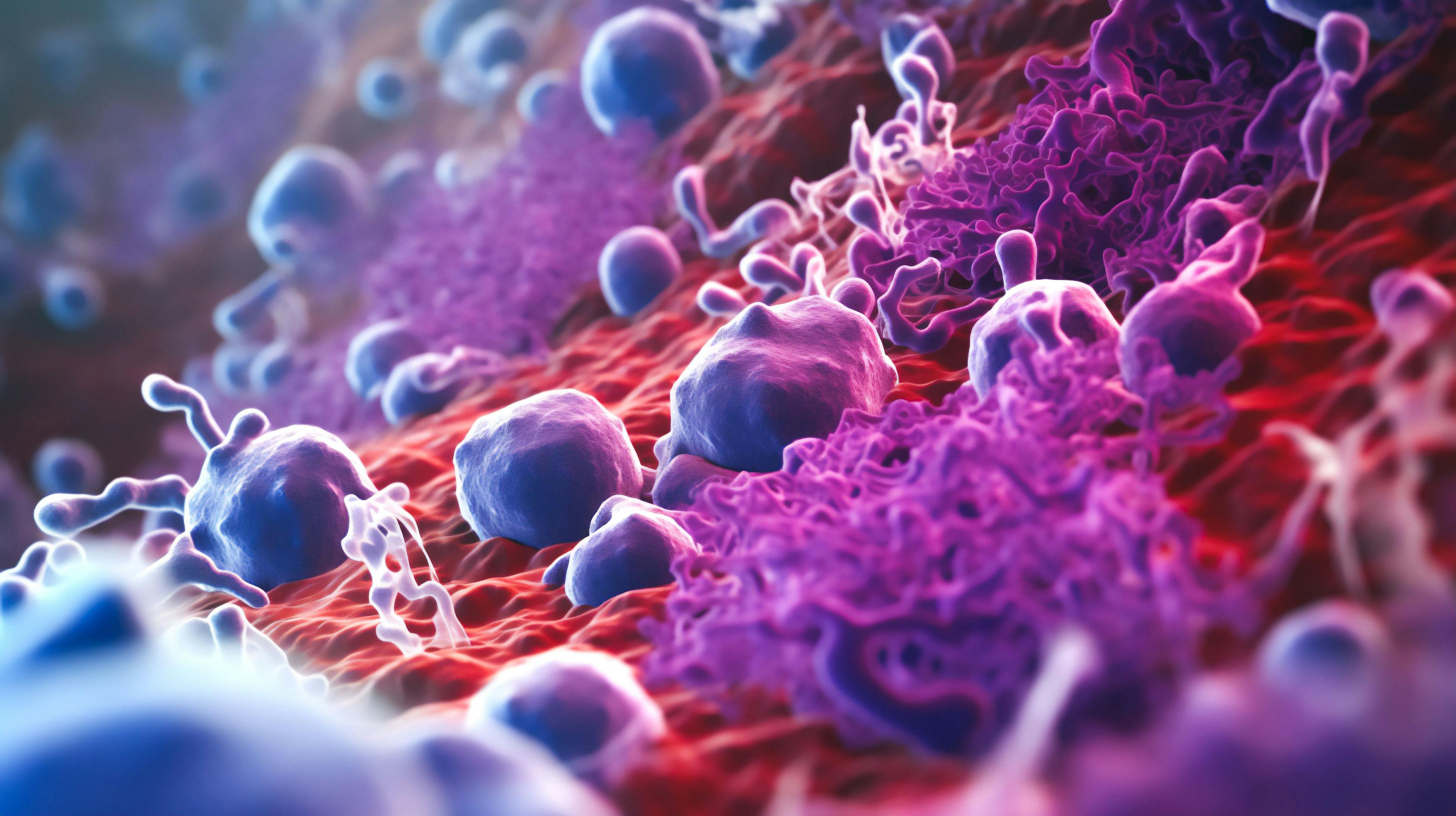 Chronic myeloid leukemia: A microscope view of bone marrow showing the presence of abundant mast cells Generative AI | Image credit: catalin - stock.adobe.com 