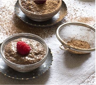 Chocolate chia seed pudding garnished with a raspberry