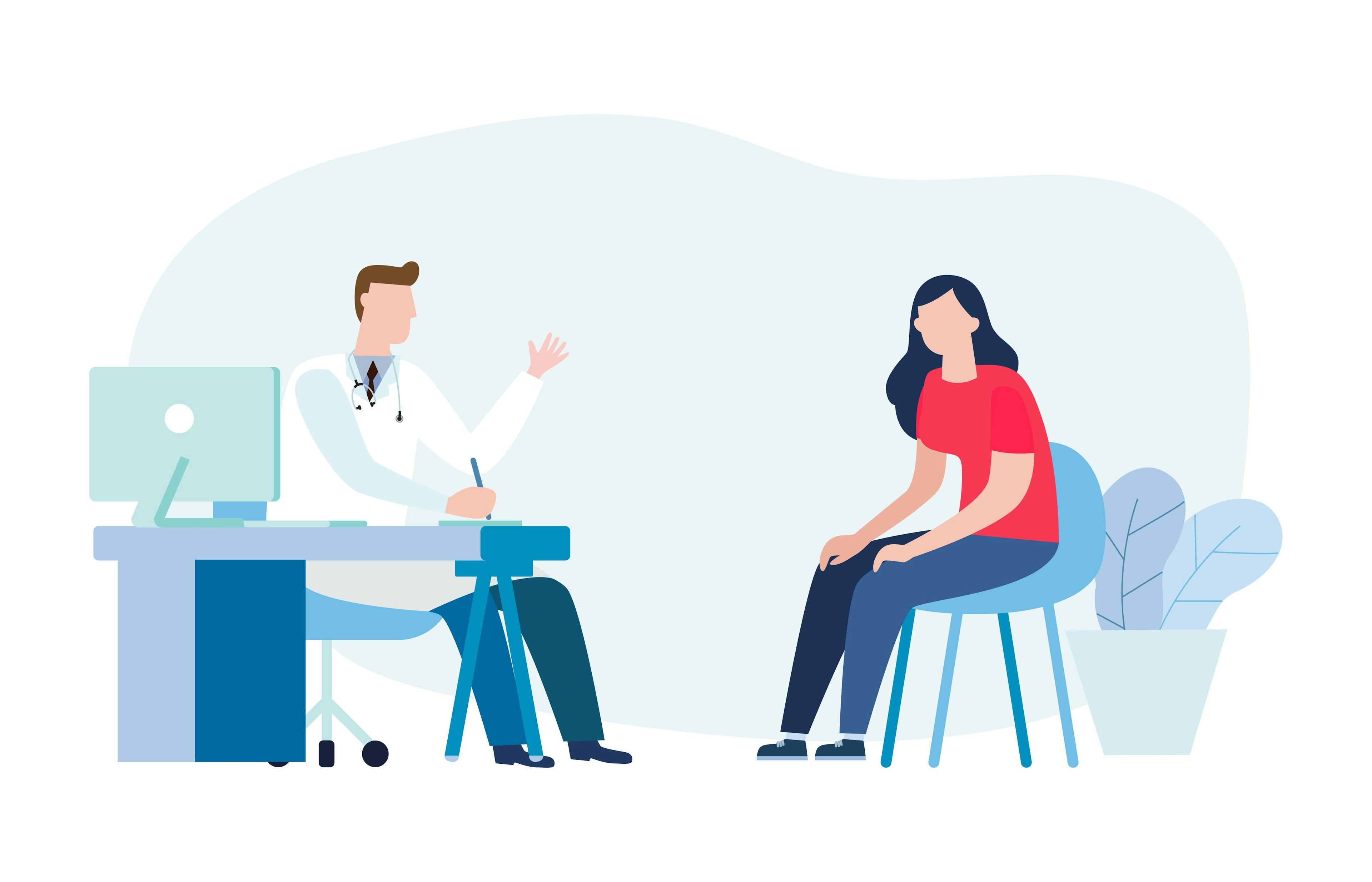 Medicine concept with a doctor and patient in hospital medical office. Consultation and diagnosis. Vector illustration flat style | Image credit: ©  phanuchat - ©  stock.adobe.com 