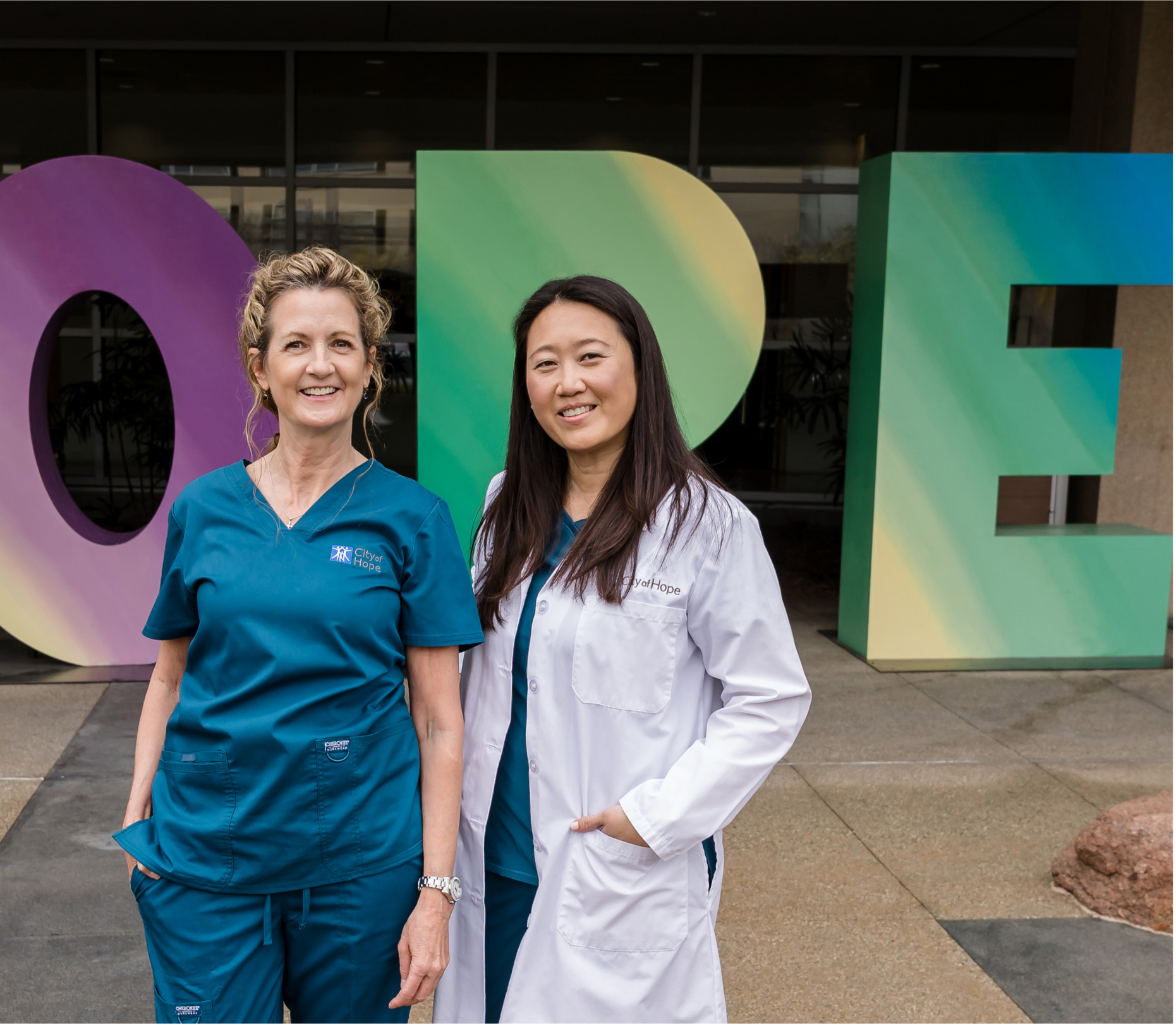 Two oncology nurses: From left: Mary Colasuonno, B.S.N, RN, BMTCN and Lesley Gan, M.S.N., M.S.H.A, RN, EBP-C   Photos by Alyssa Stefek