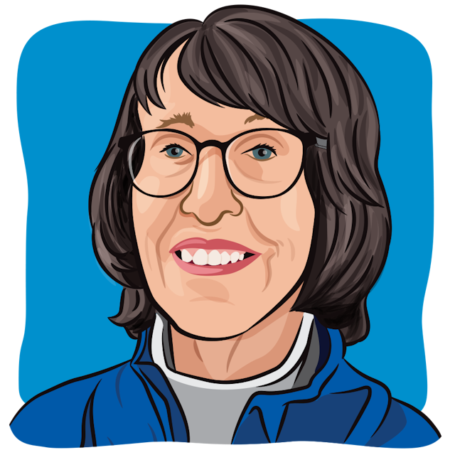 Illustration of a woman in a blue zip-up jacket with dark gray, shoulder-length hair with round glasses, smiling with teeth.