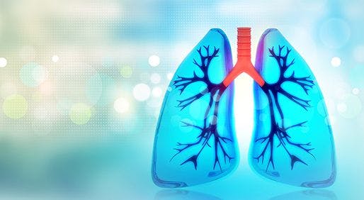 cartoon image of blue lungs against rainbow background