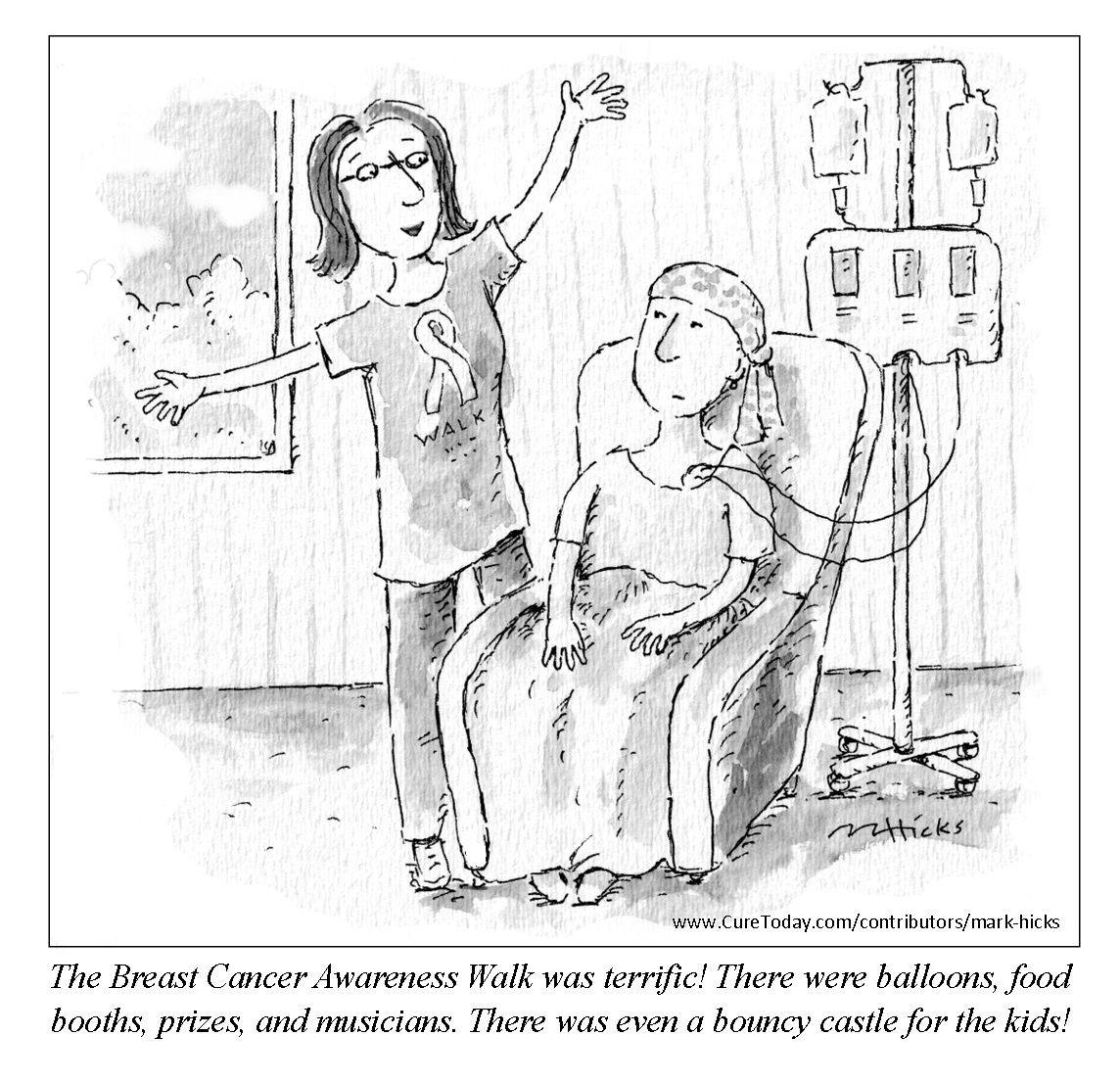 Cartoon of a woman with a breast cancer ribbon shirt talking to an unamused woman hooked up to an IV machine.