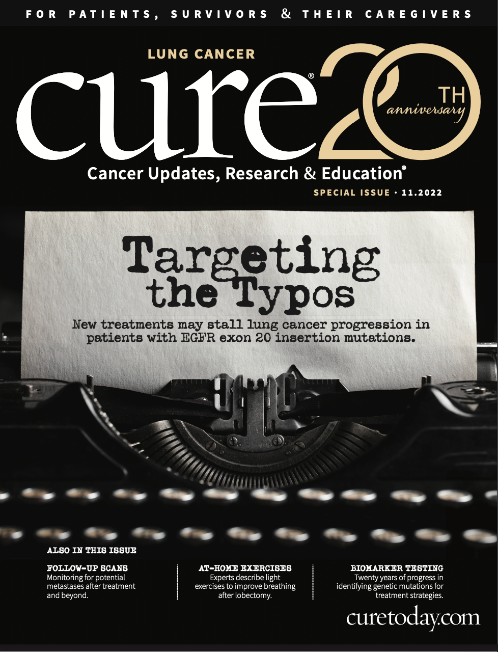 Cover of the CURE Lung Cancer Special Issue, featuring a typewriter with a paper coming out that reads, "Targeting the Typos"