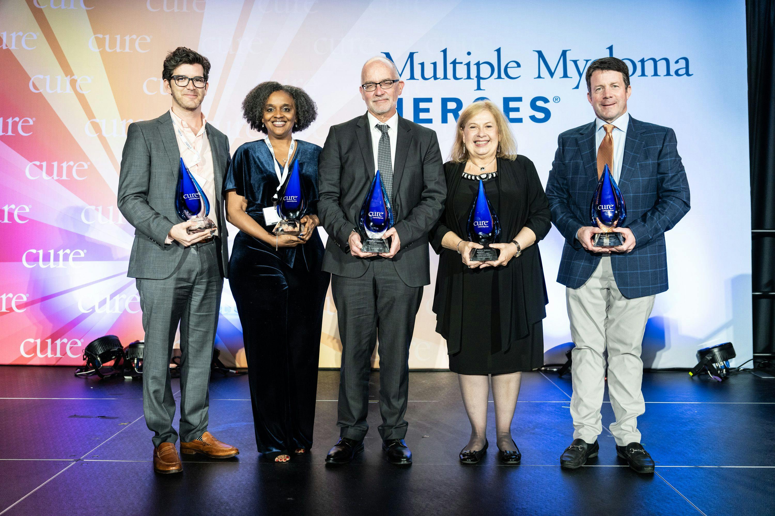 Five individuals were honored at CURE®’s Multiple Myeloma Heroes® for their contributions to the myeloma space.   From left: Dr. Cesar Rodriguez Valdes, Tiffany Williams, Cynthia Chmielewski, Dr. C. Anthony Blau, J.P. Kealy
