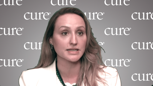 Dr. Bruna Pellini in an interview with CURE (against a gray, CURE backdrop) at the ASCO Annual Meeting