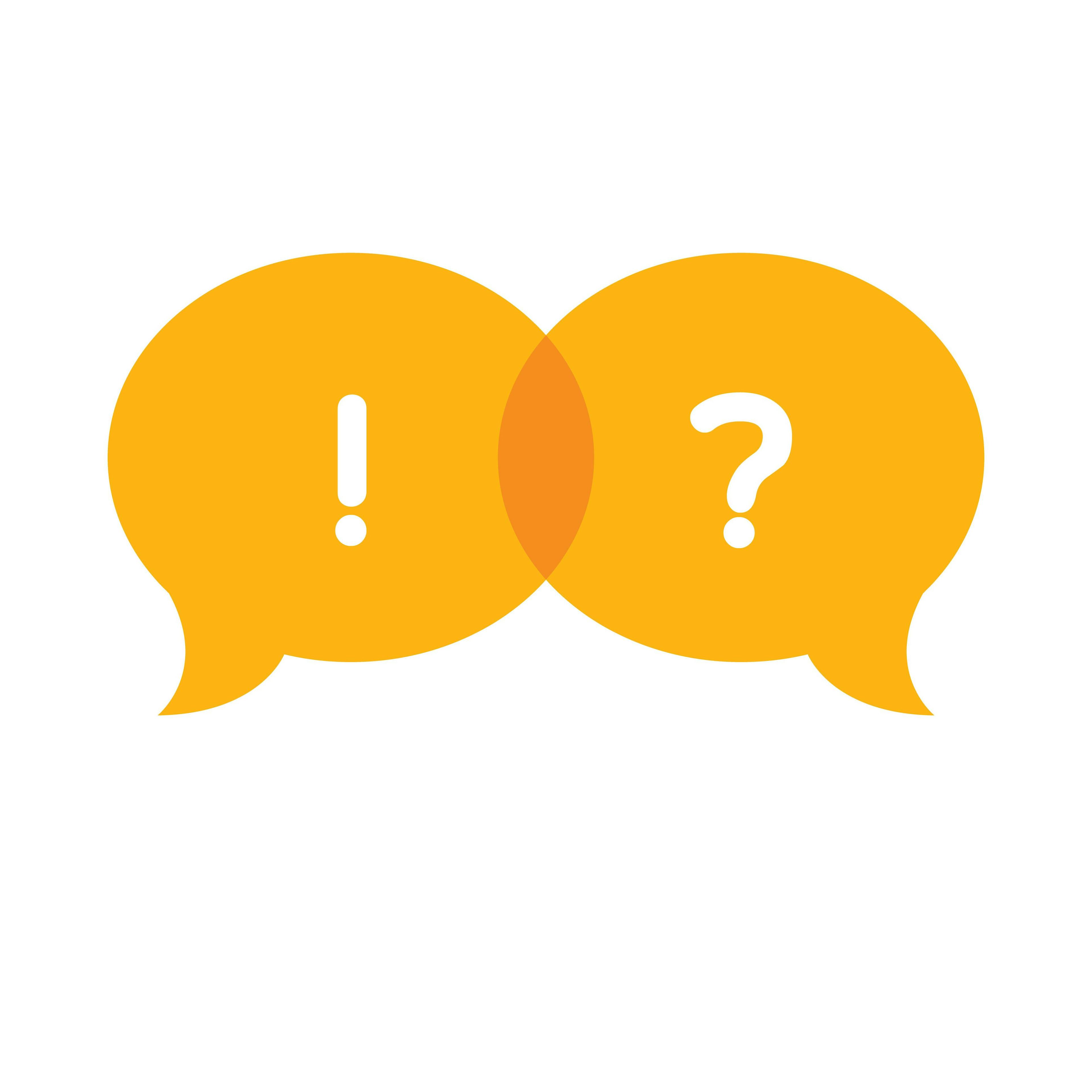 Two yellow speech bubbles: one with an exclamation point, one with a question mark