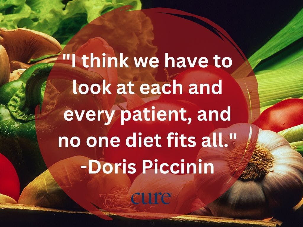 The following pull quote against a background of healthy foods: "I think we have to look at each and every patient, and no one diet fits all," said Doris Piccinin, a registered dietitian. 