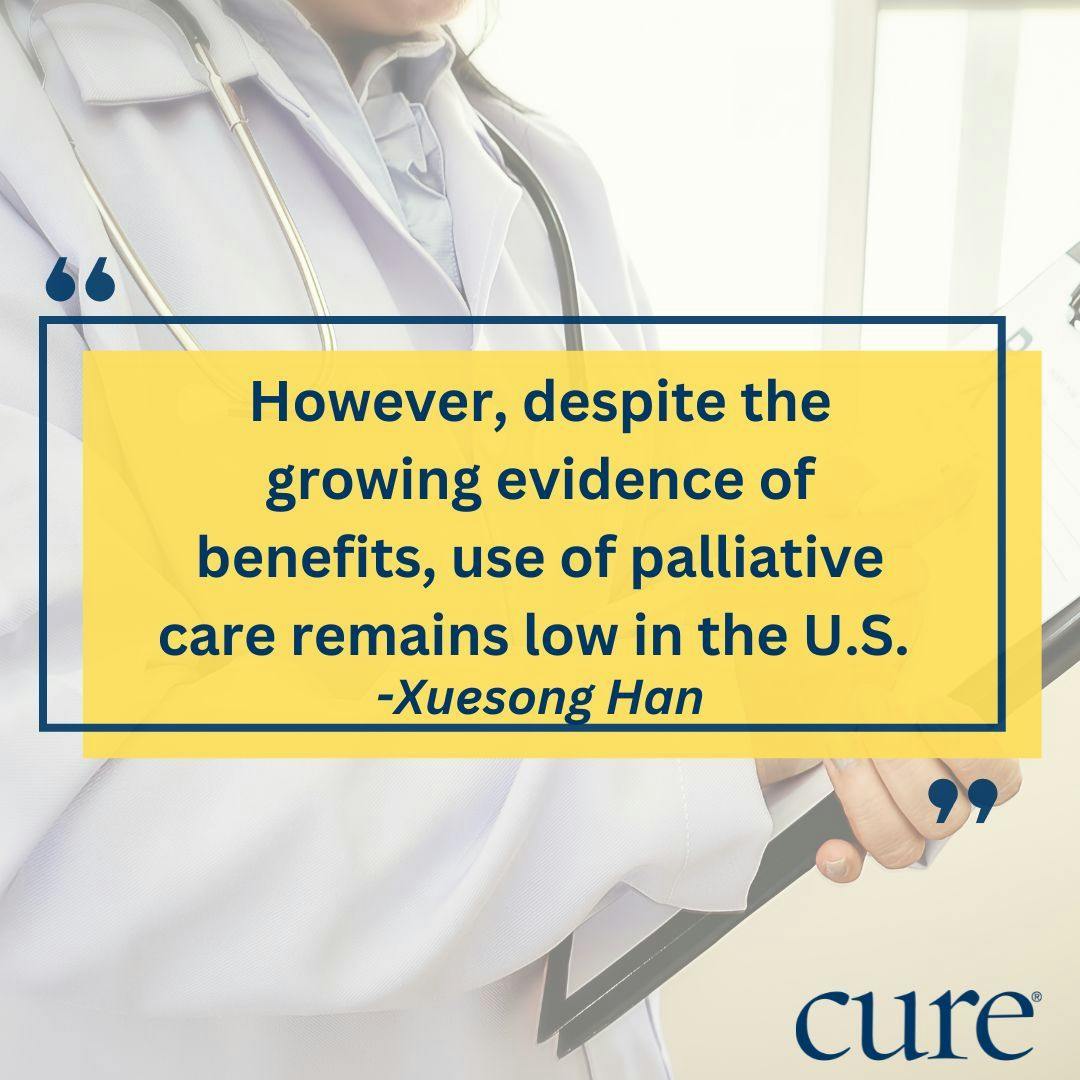 The following pull quote in a yellow box in front of an image of a doctor in a lab coat with a stethescope, writing on a clipboard: "However, despite the growing evidence of benefits, use of palliative care remains low in the U.S."