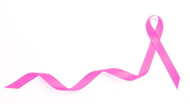 Image of a dark pink ribbon representing breast cancer with one end of the ribbon swirling.