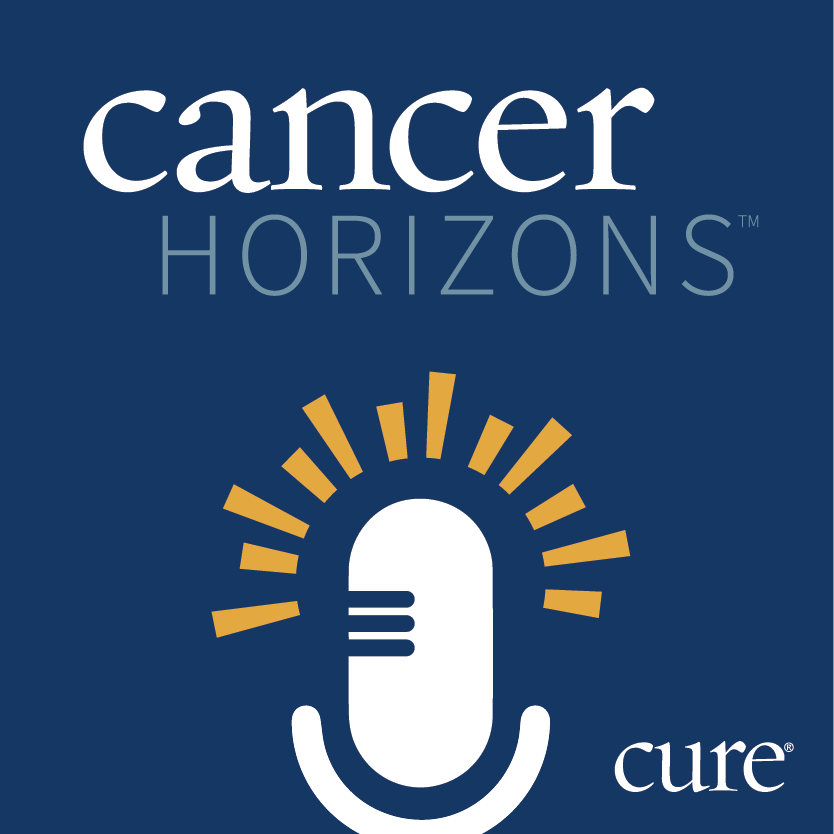 Cancer Horizons podcast logo: a white microphone with "Cancer Horizons" written above it on a blue background