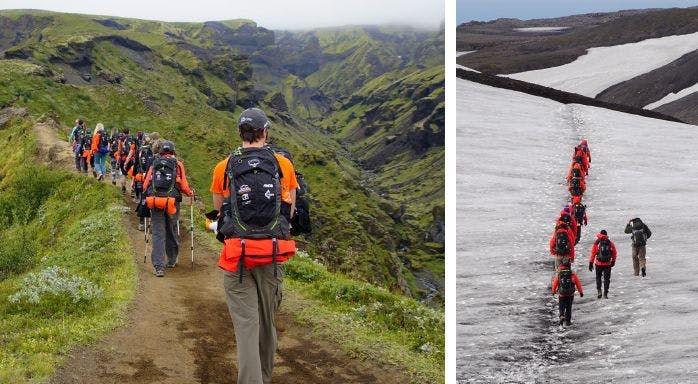 Known as the Cat's Spine (left), team members crossed the narrow, uneven passage on day two of the trek. On the same day, the
team also hiked through snow (right) pulling out gloves and hats from their backpacks. - PHOTOS BY MARTY MURPHY