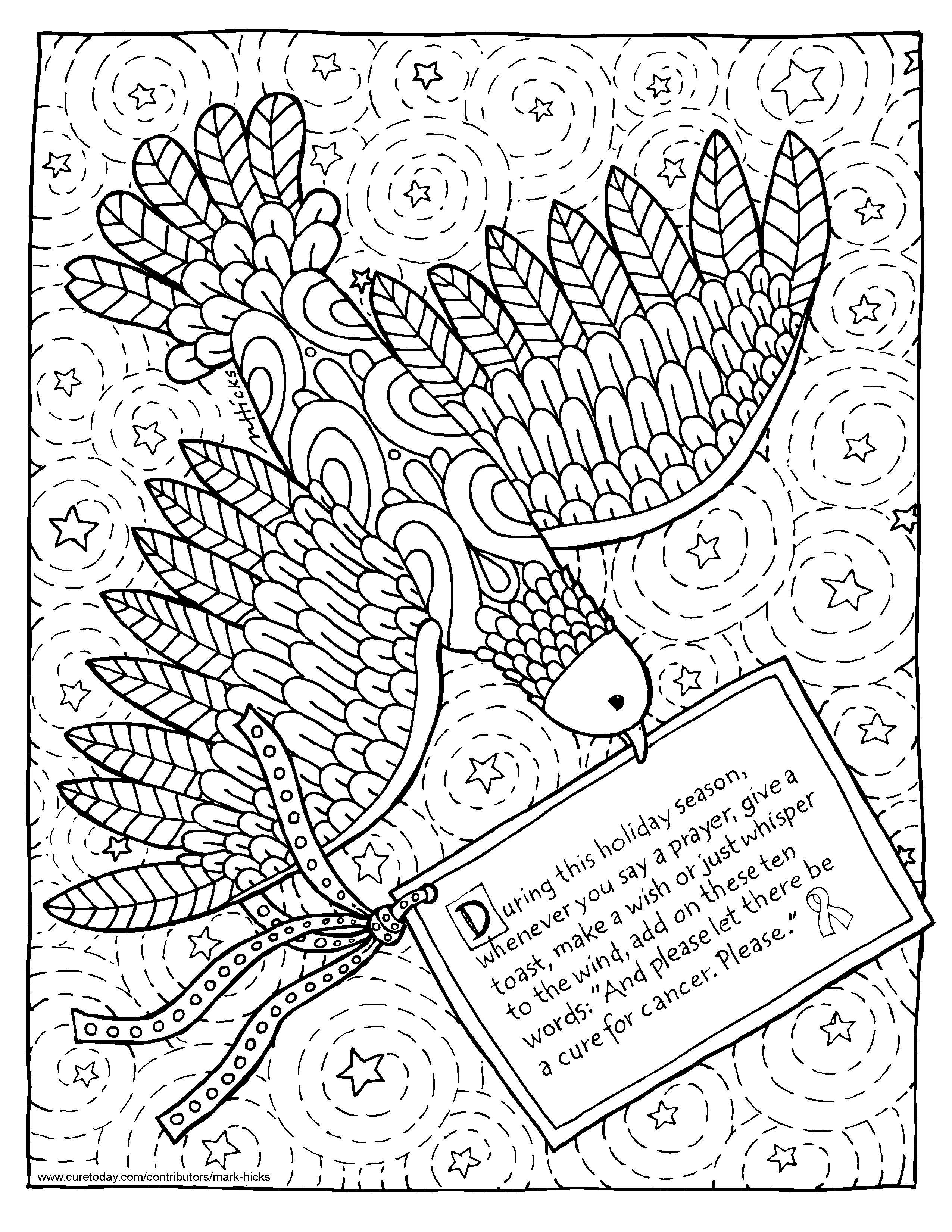 Coloring page of a bird holding a prayer for cancer survivors