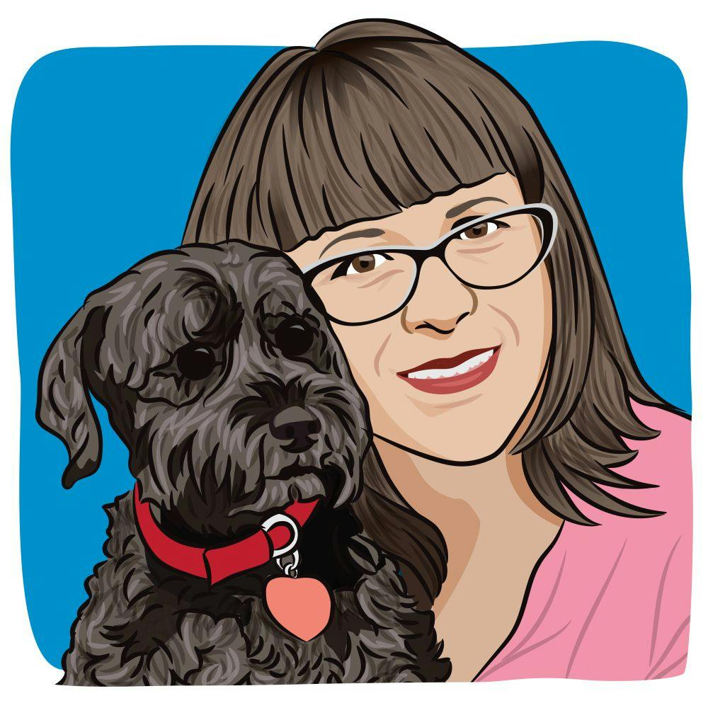 Illustration of a woman with shoulder-length brown hair and oval glasses smiling next to her dog.