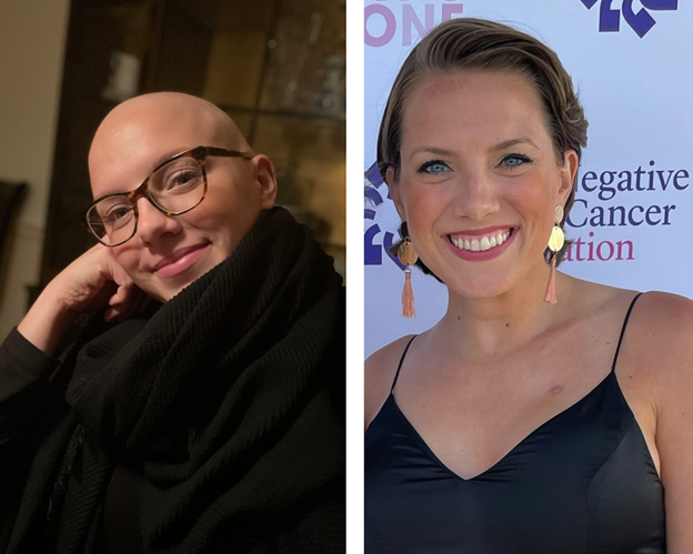 On the left, Lorelei Colbert poses for a photo in February 2021 after her last chemotherapy treatment. On the right, Colbert poses for a photo in May 2022 at the Triple-Negative Breast Cancer Foundation Gala. 