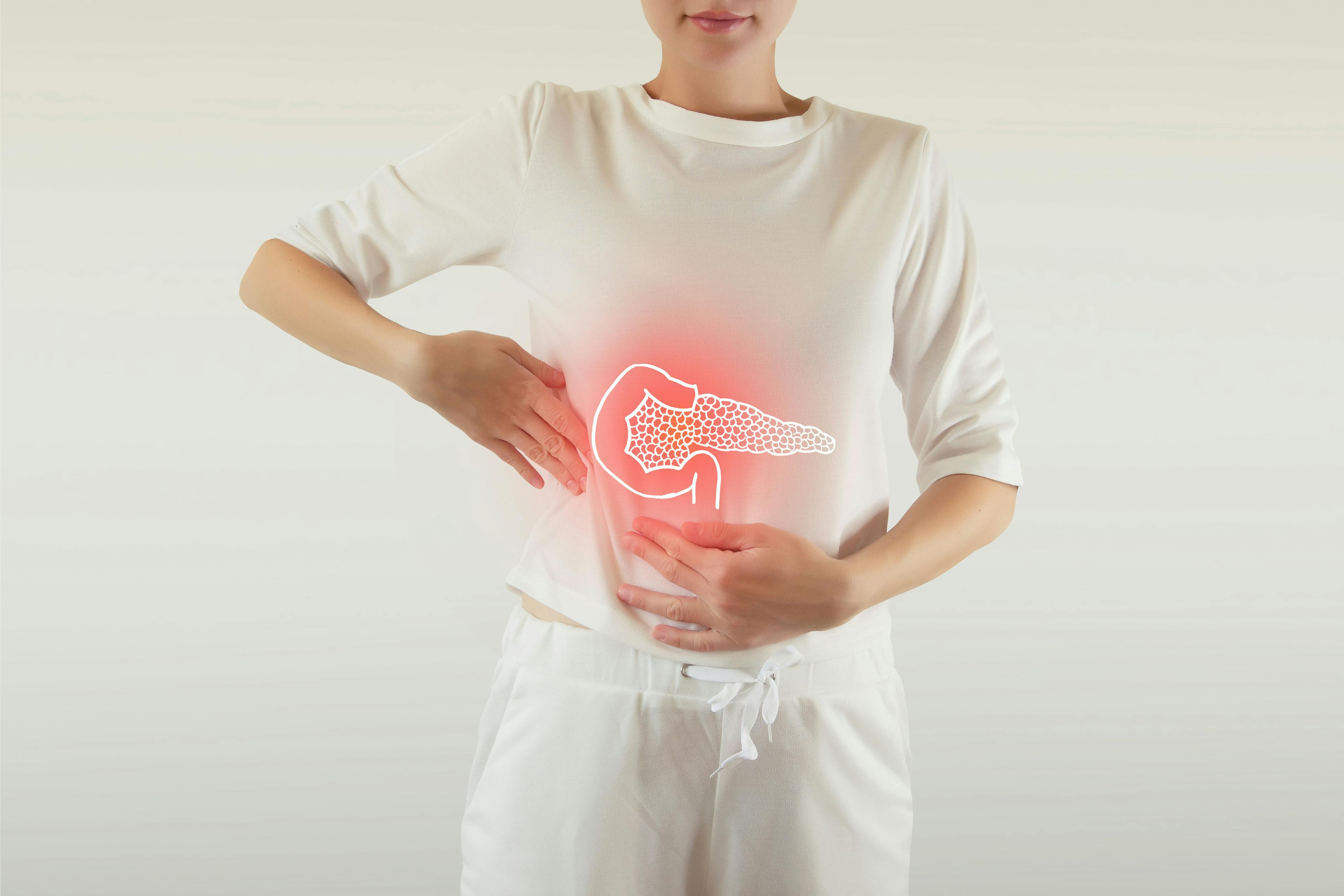 Digital composite of highlighted red pancreas of woman | Image Credit: © mi_viri - © stock.adobe.com